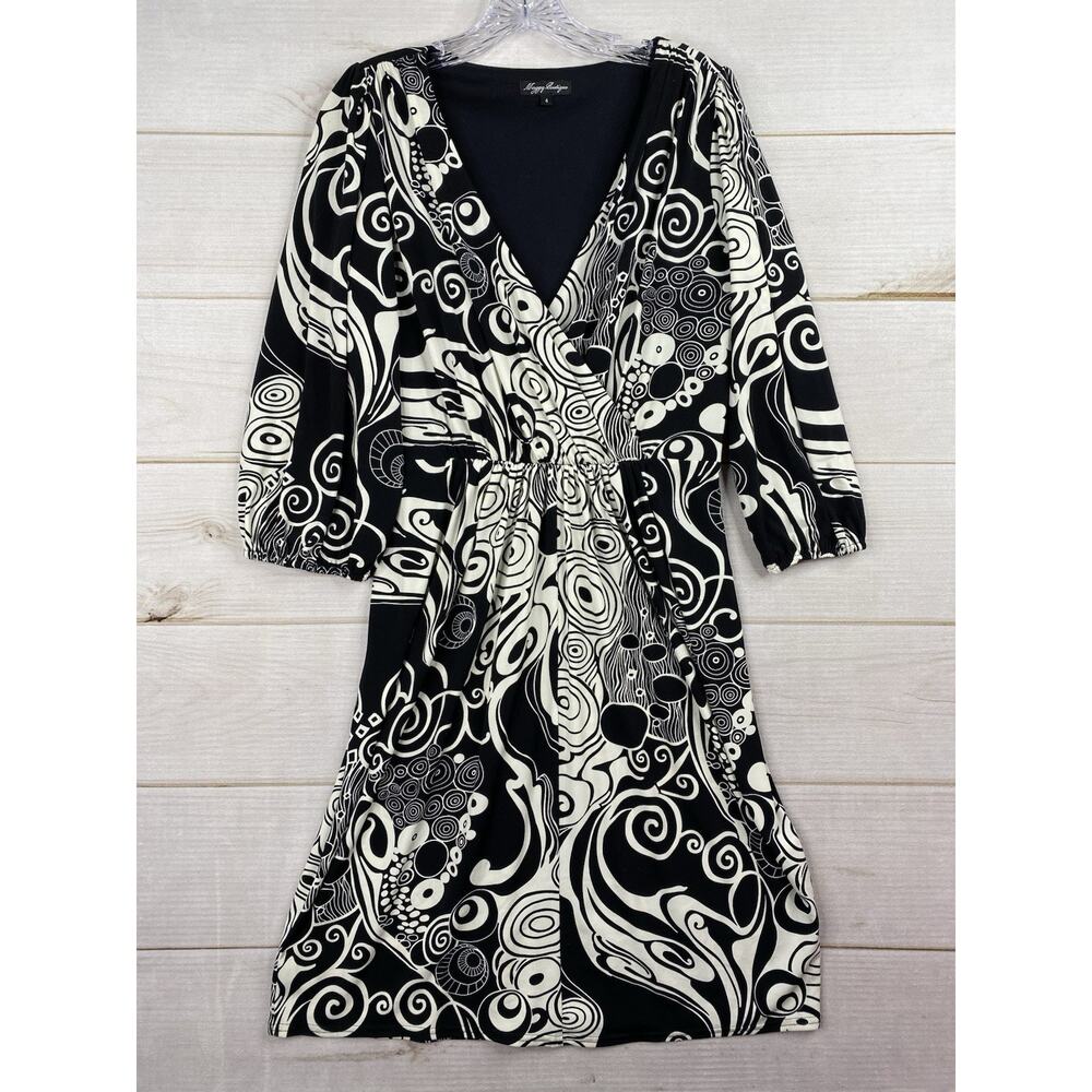 Maggy Boutique Dress Sz 4 Black White Geo Faux Wrap Stretch 3/4 Sleeve Retro